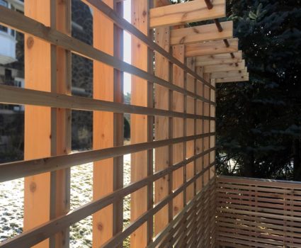Custom Cedar Deck, Plant Basket Wall Detail. Mary Cerrone Architects. Pittsburgh, PA.